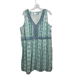 J.Jill Sleeveless Shift Dress Green White Ikat Print Cotton V-Neck Size L